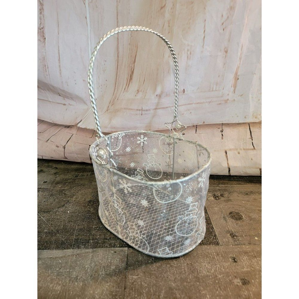 White silver snowman snowflake basket Xmas decor